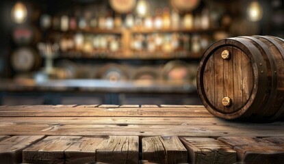 Wooden Barrel on Rustic Table in a Bar Setting