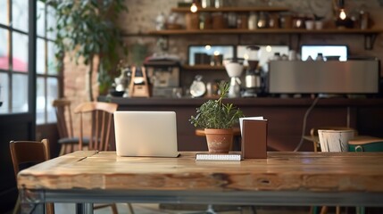 Fototapeta premium Casual Business Meeting in Coffee Shop with Laptops and Copy Space Wall