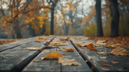 Wooden tabletop. Cozy environment. Autumn background