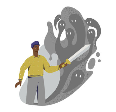 Man fight with fear. Young guy with sword fights with shadows. Negative feelings and emotions. Frightened person against horror. Flat vector illustration isolated on white background