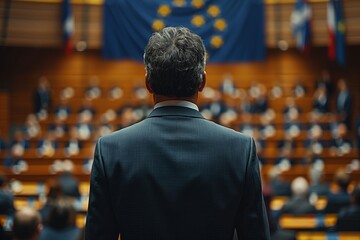 Fototapeta premium EU Parliament Political Concept - Unrecognizable Politicians and Flag