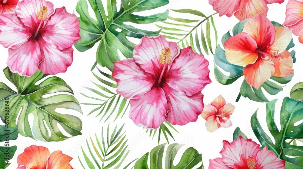 Canvas Prints tropical watercolor pattern with hibiscus flowers on white background