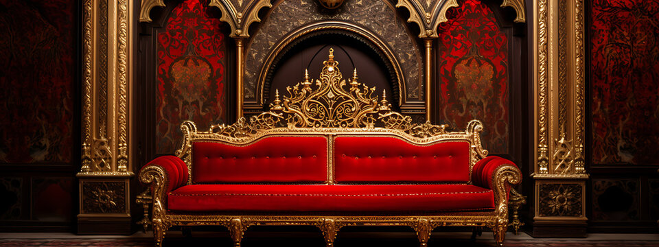 A luxurious red velvet couch with gold accents in a regal setting, evoking opulence and grandeur. 
