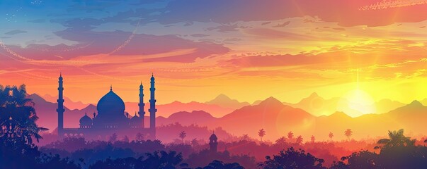Obraz premium Sunset Over Mosque and Mountains