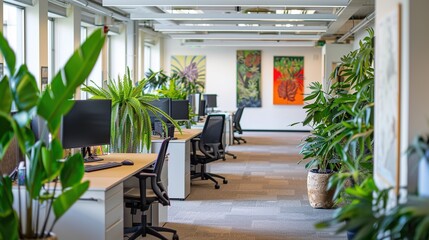 Naklejka premium Inspiring Office Space with Motivational Posters and Plants Encouraging Employee Productivity and Creativity