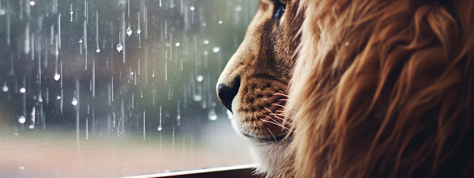  Lion staring out the window longingly with rain on the glass.