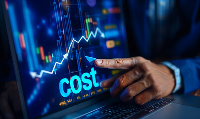 Businessman writing Total Cost on virtual screen graphics social media online advertising icon Cost Analysis Concept