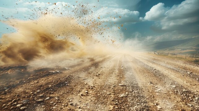 Extreme weather effect in offroad rally with dust and sand in the air on gravel road