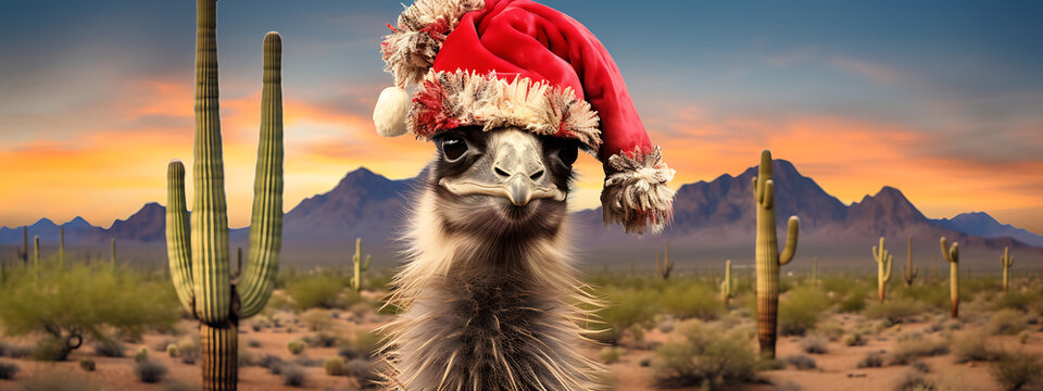 Ostrich wearing a red Santa hat in the middle of the desert at sunset - Powered by Adobe