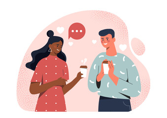 Happy couple drinking coffee. Man and woman with hot drinks in hands. Romantic date in coffee shop. People with americano or cappuccino. Flat vector illustration isolated on white background