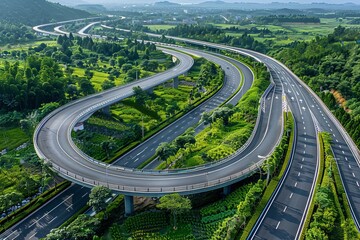 Naklejka premium be an aerial view of a road, likely a highway, that features a sharp curve or loop surrounded by greenery