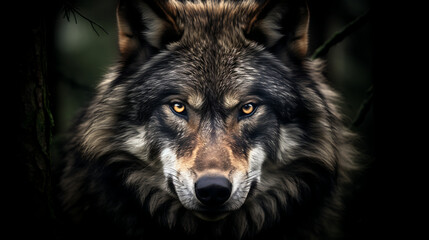 A close up portrait of a staring wolf with dark fur and yellow eyes on a dark background