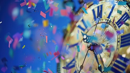 Naklejka premium Vibrant New Year Celebration Confetti Dropping at Midnight with Clock on Blue Background
