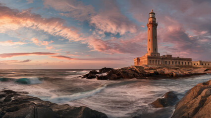 Fototapeta premium a towering, classic lighthouse standing tall on a rocky outcrop. The waves crash against the rocks
