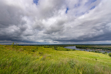 Obraz premium A field of grass with a cloudy sky in the background