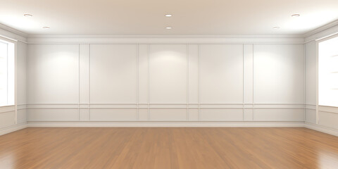 Fototapeta premium Empty room with white walls and light brown wooden floor.