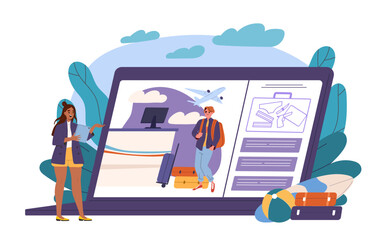 Information about airport. Man and woman read flight information on tablet. Couple planning rest, holiday and vacation. Tourists and travelers. Flat vector illustration isolated on white background