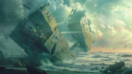 Large concrete structures dramatically collide over a stormy sea.