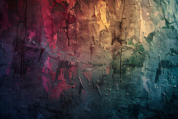 Abstract multicolored grunge background with rough surface and paint drips in shades of red, blue, yellow and green
