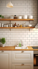 Fototapeta premium Cozy kitchen with wooden shelves and white cabinets. 