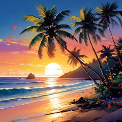 3D Tropical Beach Palm Tree Sunset Illustration. Summer Background 