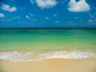 Obraz premium Horizon beautiful landscape summer season panorama front view point tropical sea beach white sand clean blue sky background calm nature ocean wave water travel holiday at samae san island sun day time