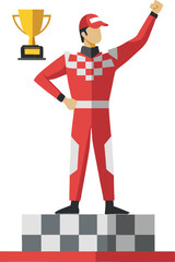 Racing Champion Celebrating Victory with Trophy