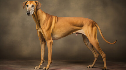 Obraz premium A studio portrait of a Sloughi, a North African sighthound, with a light brown coat, standing in profile, looking noble and graceful.