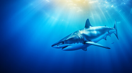 Fototapeta premium Great white shark glides gracefully through the deep blue ocean, sun rays filtering through the water.