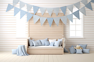 Bright, airy, and cheerful coastal themed nursery with a daybed, pillows, buntings, and toys in shades of blue and white.