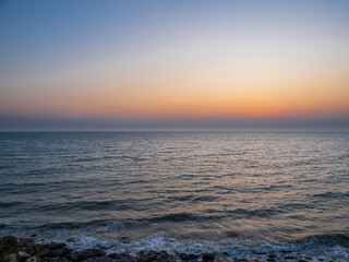 Obraz premium Sunset sea panorama high view landscape horizon beautiful summer season shore nobody wind soft wave cool holiday look calm sky twilight evening day time nature tropical coast ocean water travel