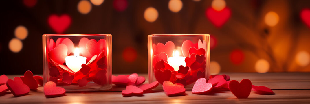Two red heart shaped candle holders with a warm glow on a wooden table against a backdrop of blurred red heart shaped bokeh lights