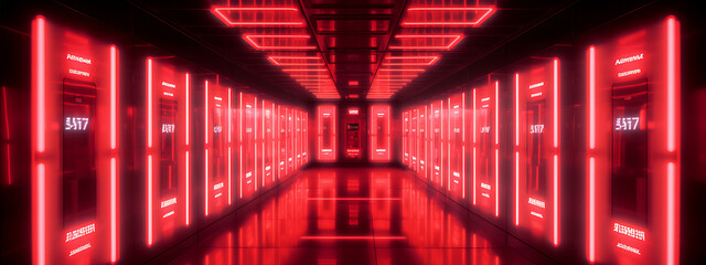 Fototapeta premium Futuristic red glowing neon lights illuminate a sleek modern sci-fi spaceship interior