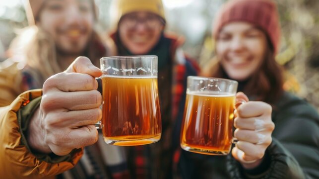 Close-up of multi-ethnic friends enjoying warm drinks in winter outdoors. Concepts of friendship, seasonal gatherings, and joy