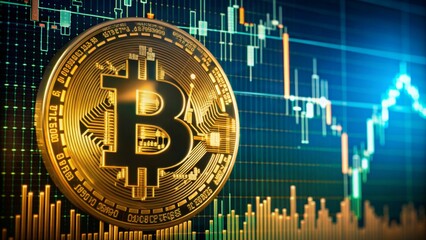 Bitcoin cryptocurrency coin, against the background of a fluctuating stock market chart