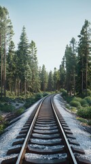Fototapeta premium Scenic railway track winding through a dense pine forest under clear sky, perfect for travel and adventure themes.