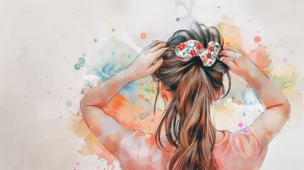 Naklejka premium Young woman tying a bow in her hair, making a hairstyle. Concept of personal grooming, feminine beauty, hair accessories, daily routine. Watercolor illustration