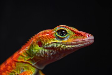 Mystic portrait of close up a Anole , full body view, isolated on black background