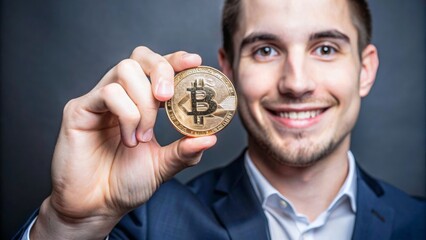 A guy in a suit on the background holds a bitcoin coin in his hand