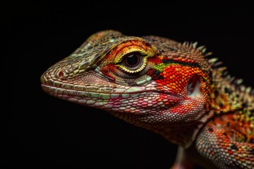 Fototapeta premium Mystic portrait of close up a Anole , full body view, isolated on black background