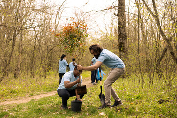 Team of environment volunteers digging holes and planting small trees to grow more greenery and preserve the natural forest environment. Enthusiasts working on nurturing ecosystem.