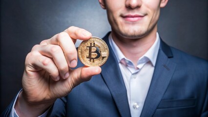 A guy in a suit on the background holds a bitcoin coin in his hand