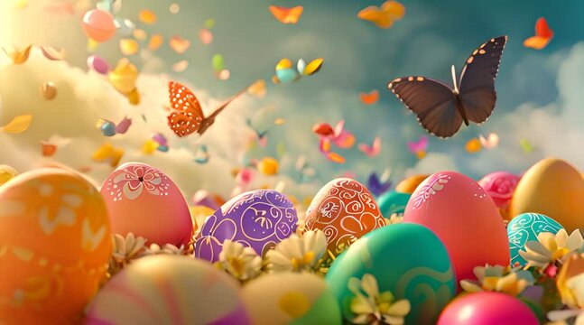 easter eggs butterflies flying above