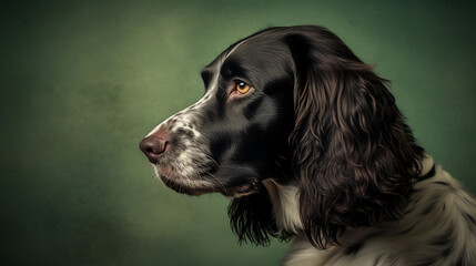 Studio portrait of a hunting springer spaniel dog with a green background