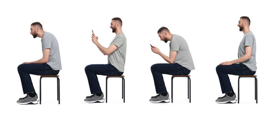 Man with poor and good posture sitting on stool on white background, collage of photos