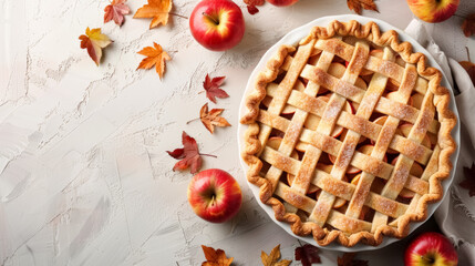 autumn themed apple pie with fresh apples and fall leaves