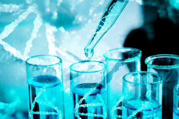 Illustrations of DNA and test tubes with samples, double exposure