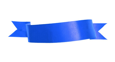 Blue satin ribbon isolated on white, top view. Space for text