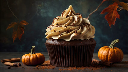 A delectable chocolate-topped cupcake with a swirled buttercream frosting, set against a moody, autumnal backdrop featuring pumpkins, cinnamon sticks, and dramatic lighting