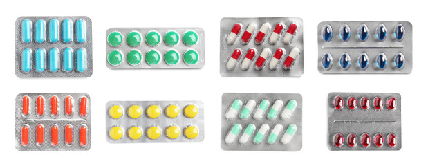 Set of different antibiotics in blisters isolated on white